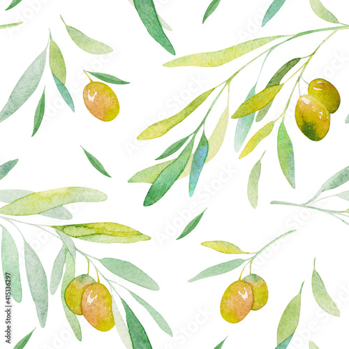 Wallpaper Mural Watercolor seamless pattern. Olives branch on white background. Watercolor olive tree for background, texture, wrapper pattern, for your unique design. Torontodigital.ca