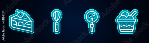 Set line Piece of cake, Kitchen whisk, Lollipop and Ice cream in bowl. Glowing neon icon. Vector.