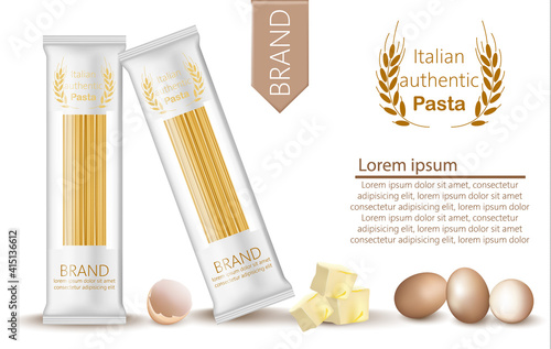 Pasta spaghetti package mock up. Product placement organic natural fresh food banner. Menu template posters