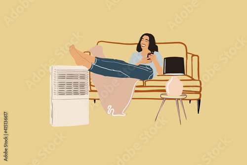 Woman sitting on the sofa near air purifier and moisturizer appliance. Health microclimate at home concept. Vector illustration