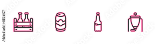 Set line Pack of beer bottles, Plastic, Beer can and brewing process icon. Vector.