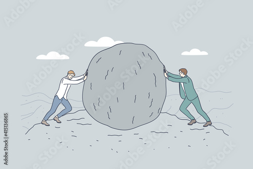Business competition, rivalry, opponents concept. Two businessmen or politicians cartoon characters pushing huge stone against each other to eliminate from competition and business war conflict