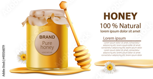 Honey jar vector realistic mock up. Package placement natural products