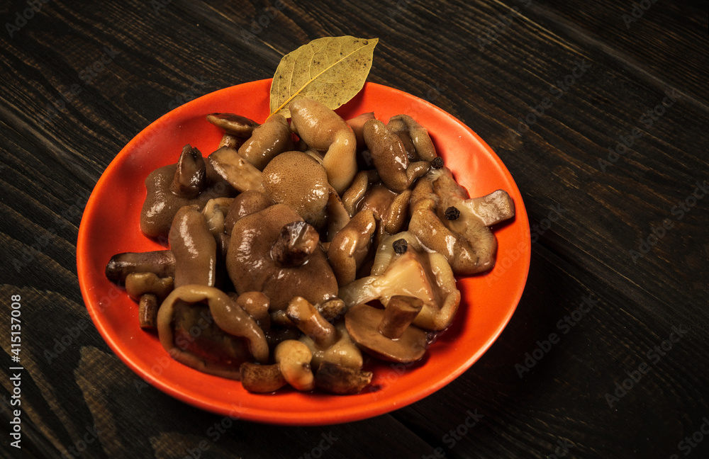 Suillus luteus or Boletus luteus mushrooms marinated in a plate with spices and bay leaves on a vintage table. View from above Suillus luteus or Boletus luteus mushrooms marinated in a plate with spices and bay leaves on a vintage table. View from above