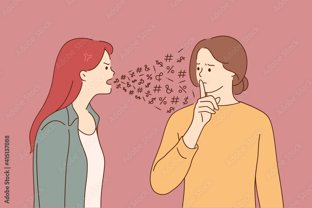 Mental problems, disorder, split personality concept. Angry young woman cartoon character screaming at another her personality with finger on lips gesture meaning silence with negative emotion Mental problems, disorder, split personality concept. Angry young woman cartoon character screaming at another her personality with finger on lips gesture meaning silence with negative emotion