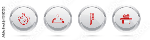 Set line Essential oil bottle, Hanger wardrobe, Hairbrush and Sauna bench with bucket. Silver circle button. Vector.