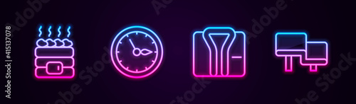 Set line Hot sauna stones, Sauna clock, Bathrobe and wood bench. Glowing neon icon. Vector.