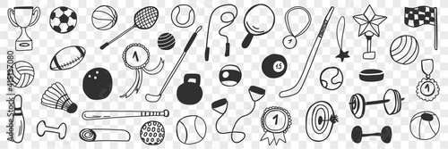 Sport games equipment doodle set. Collection of hand drawn badminton racket dumbbells soccer ball trophies hockey stick rugby tennis ball darts field medals isolated on transparent background