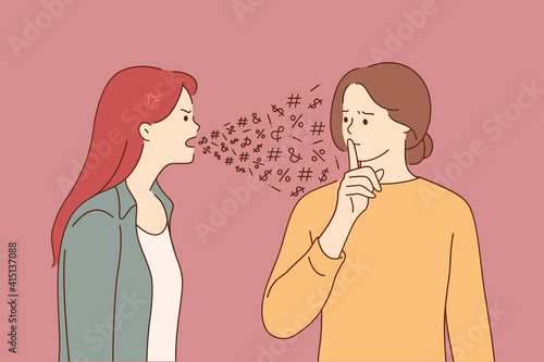 Mental problems, disorder, split personality concept. Angry young woman cartoon character screaming at another her personality with finger on lips gesture meaning silence with negative emotion