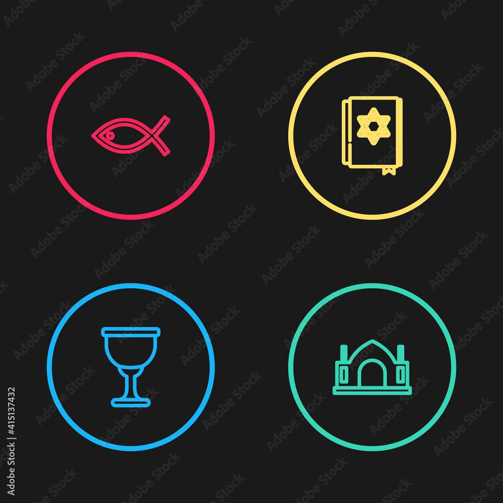 Set line Holy grail or chalice, Hindu spiritual temple, Jewish torah book and Christian fish icon. Vector. Set line Holy grail or chalice, Hindu spiritual temple, Jewish torah book and Christian fish icon. Vector.