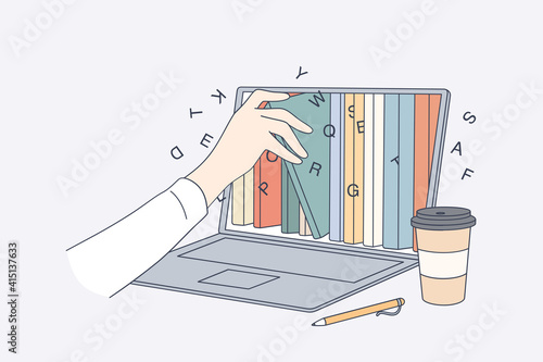 Online library, education in internet concept. Human hand taking e-book from Laptop screen with different books and literature in electronic type for learning and reading vector illustration photo