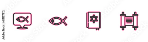 Set line Christian fish, Jewish torah book, and Decree, paper, parchment, scroll icon. Vector.