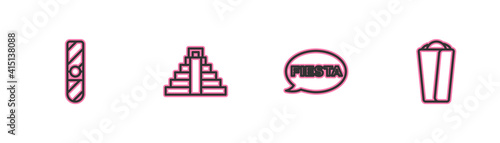 Set line Cigar, Fiesta, Chichen Itza in Mayan and Burrito icon. Vector.
