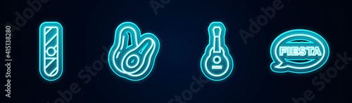 Set line Cigar, Avocado fruit, Mexican guitar and Fiesta. Glowing neon icon. Vector.