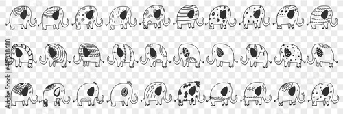 Various elephants animals doodle set. Collection of hand drawn cute funny positive elephants mammals wild animals of different patterns for children books isolated on transparent background