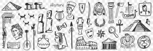 Symbols of history doodle set. Collection of hand drawn ancient sculptures monuments jugs masks theatres buildings wreaths musical instruments torch ships isolated on transparent background