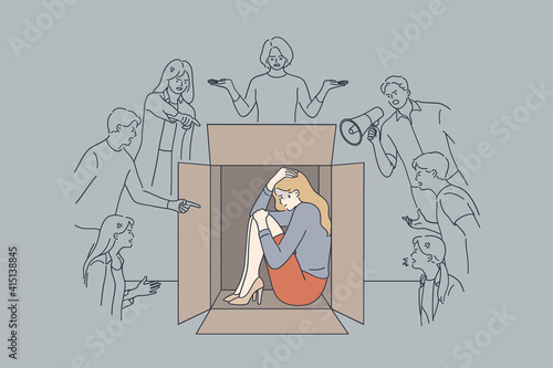 Pressure, bad emotions, desperate state concept. Unhappy stressed scared businesswoman sitting hiding inside box with negative human emotions feeling pressure and negative attitude from people