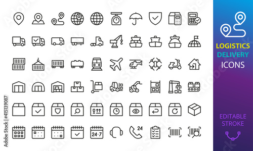 Logistic, delivery and shipping isolated icon set. Set of map pin, way, cargo insurance, container, tracking package, warehouse robot, forklift truck, port crane, boxes, transportation vector icon