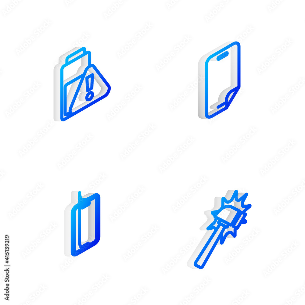 Set Isometric line Glass screen protector, Smartphone battery charge, and Hammer icon. Vector. Set Isometric line Glass screen protector, Smartphone battery charge, and Hammer icon. Vector.