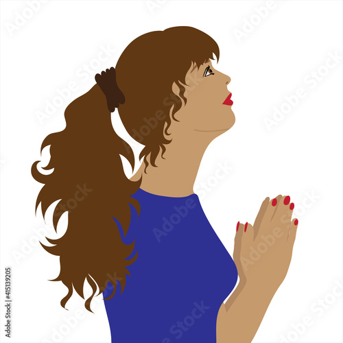 Vector illustration of praying woman by profile. Symbol of religion and hope.