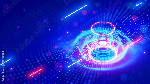 Abstract sound wave. Neon music tech background in nightclub. Equalizer visualizes music waves in technological cyber style. Light dots form of 3d surface images of round splash sounds vibrations