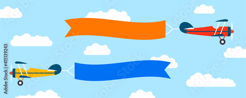 Plane with banner in flat style. Biplane flying with poster. Vector