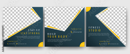 Set of Editable promotion banner template. Gym and workout social media post template. Black background with abstract yellow line. Perfect for social media post, flyers, banners, and web internet ads.