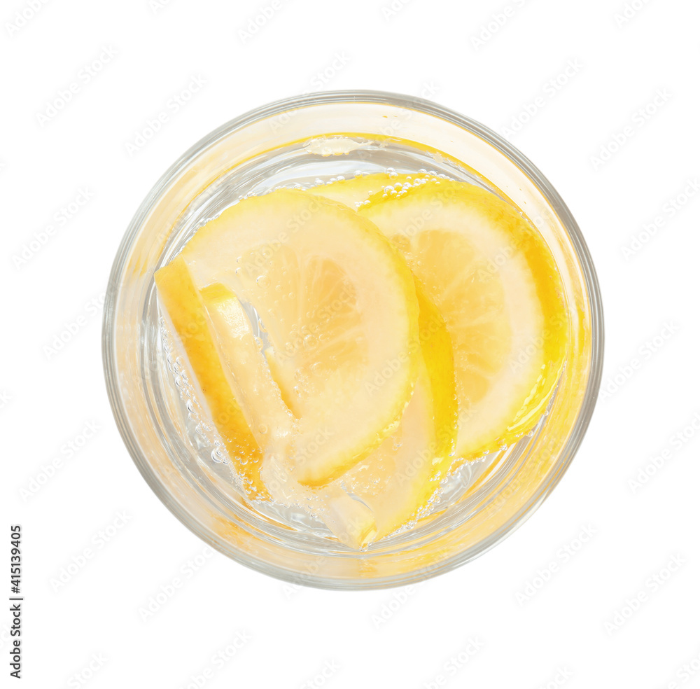 Soda water with lemon slices isolated on white, top view Soda water with lemon slices isolated on white, top view