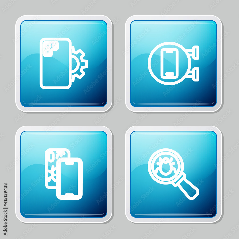 Set line Phone repair service, , Mobile with broken screen and System bug icon. Vector. Set line Phone repair service, , Mobile with broken screen and System bug icon. Vector.