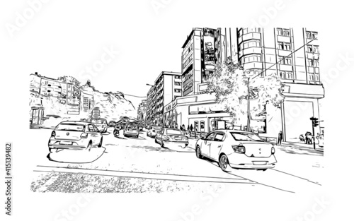 Building view with landmark of Bursa is a city in northwestern Turkey. Hand drawn sketch illustration in vector.