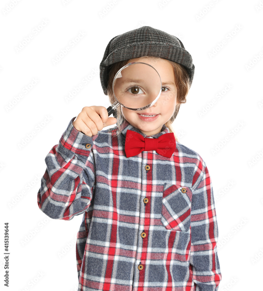 Cute little child in hat with magnifying glass playing detective on white background Cute little child in hat with magnifying glass playing detective on white background