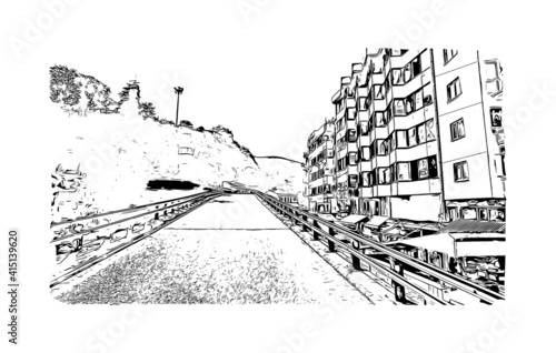Building view with landmark of Bursa is a city in northwestern Turkey. Hand drawn sketch illustration in vector.