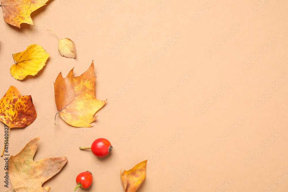 Flat lay composition with autumn leaves on beige background, space for text Flat lay composition with autumn leaves on beige background, space for text