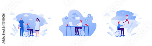Disabled character in wheelchair. Vector flat illustration set. Female adult patient talk to doctor and nurse. Handicap freelancer employee work at desk with laptop. Paralyzed woman dream about run. © tasty_cat