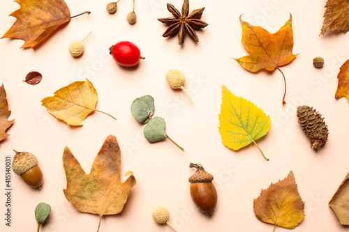 Flat lay composition with autumn leaves on light background