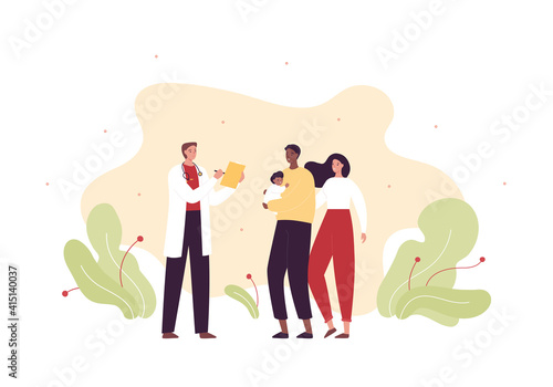 Pediatrician consulting family concept. Vector flat people illustration. Male doctor stethoscope with sthand african american father hold baby patient and caucasian mother. Mixed ethnic family.