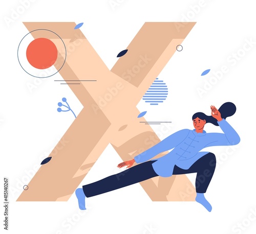 Woman training xingyiquan on capital letter X background. Vector character in ready for kick pose photo