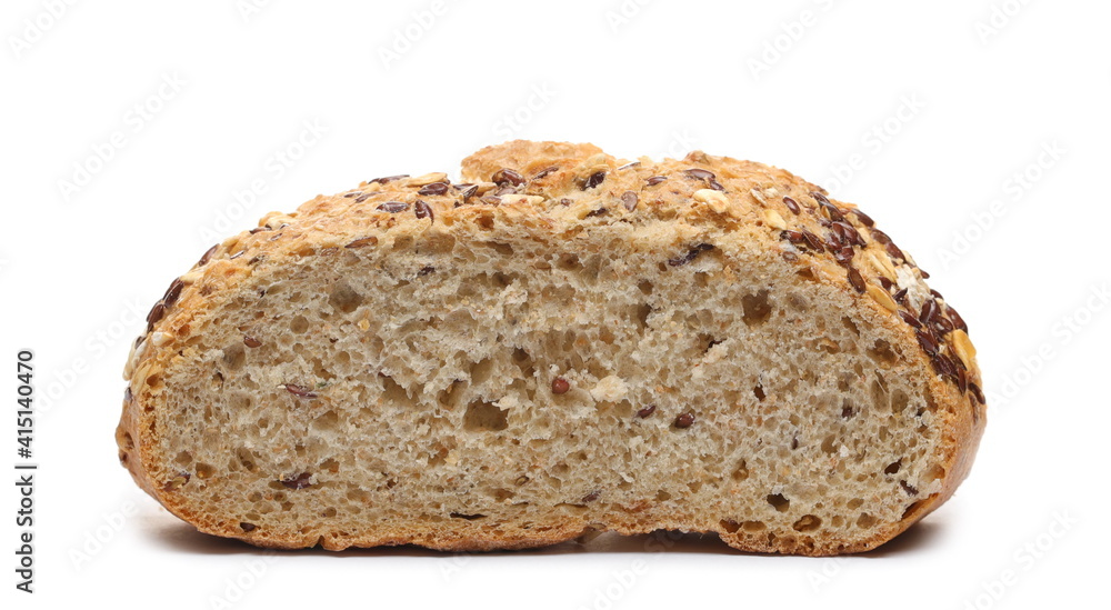 Integral wheat rye bread loaf with seeds (linseed and oats) sliced in half isolated on white background Integral wheat rye bread loaf with seeds (linseed and oats) sliced in half isolated on white background