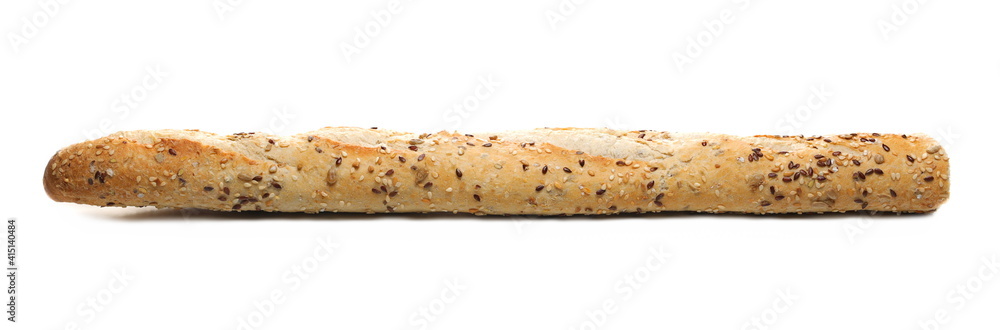 French bread loaf, baguette with seeds isolated on white background
