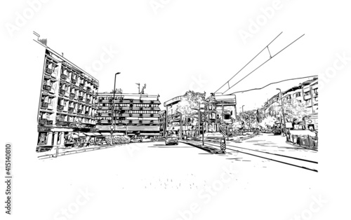 Building view with landmark of Bursa is a city in northwestern Turkey. Hand drawn sketch illustration in vector.