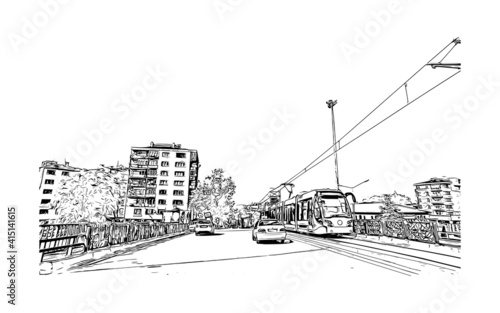 Building view with landmark of Bursa is a city in northwestern Turkey. Hand drawn sketch illustration in vector.
