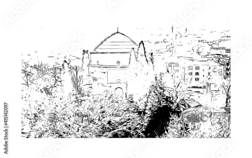 Building view with landmark of Bursa is a city in northwestern Turkey. Hand drawn sketch illustration in vector.