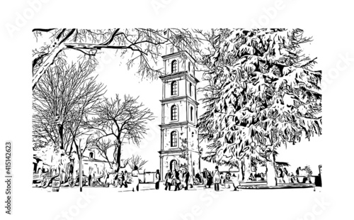 Building view with landmark of Bursa is a city in northwestern Turkey. Hand drawn sketch illustration in vector.