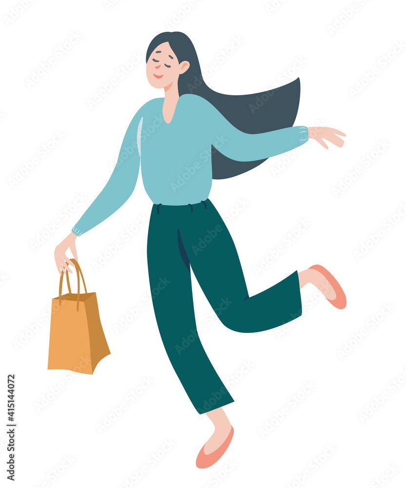 Smiling woman with shopping bag in her hands. Sale advertising concept. Female character with purchases in her hands on white background.