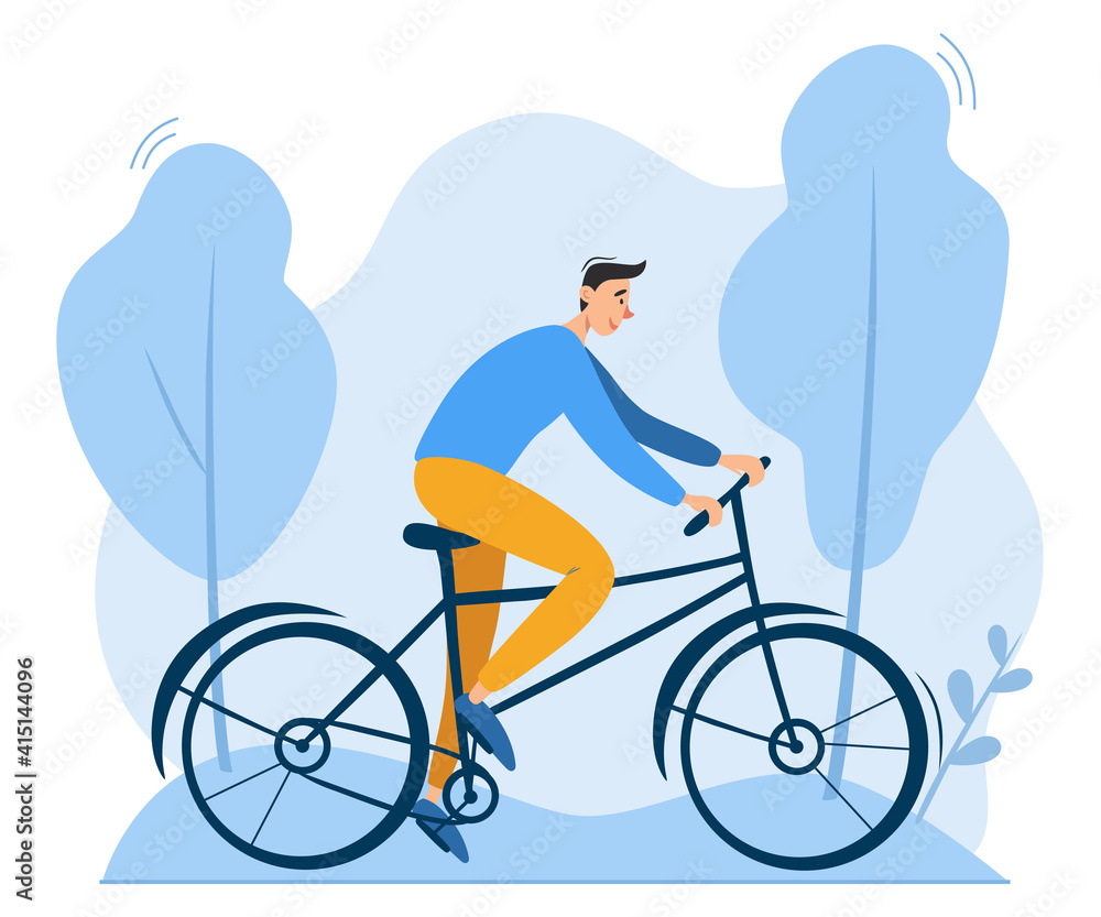 Young man riding bicycle outdoors in park. Environment friendly, ecologically clean personal transport. Healthy lifestyle, nature protection. Young male character exercising. Flat vector illustration. Young man riding bicycle outdoors in park. Environment friendly, ecologically clean personal transport. Healthy lifestyle, nature protection. Young male character exercising. Flat vector illustration.