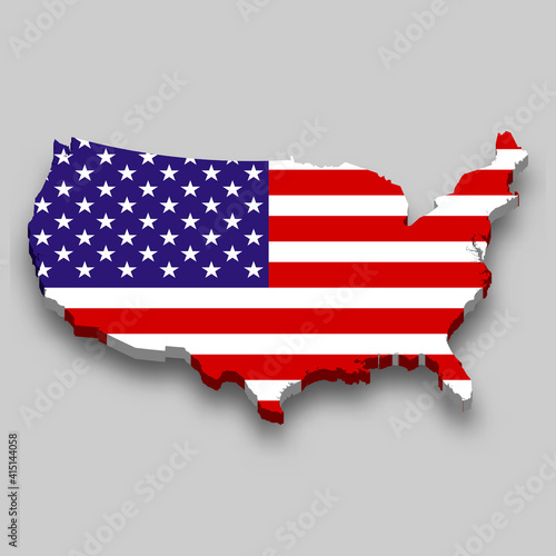 3d isometric Map of United States with national flag.