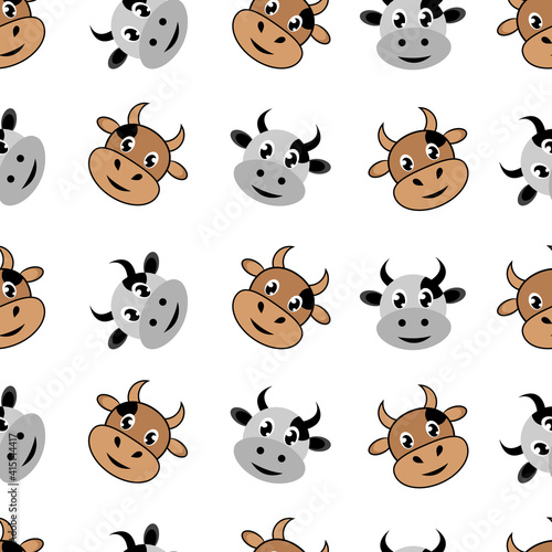 Cute cows and bulls, seamless pattern. Cartoon vector illustration.