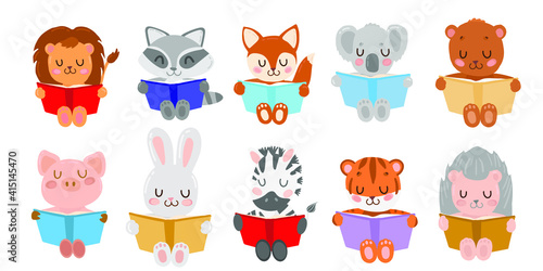  
ten animal kids reading book set on the white background