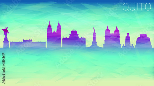 Quito Ecuador Skyline Silhouette City Vector. Broken Glass Abstract Geometric Dynamic Textured. Banner Background. Colorful Shape Composition.