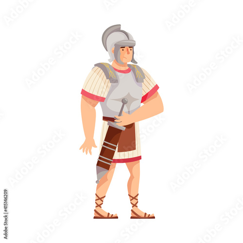 Ancient Roman Soldier or Greek Warrior Wearing Helmet Standing with Sword and Iron Armor Vector Illustration